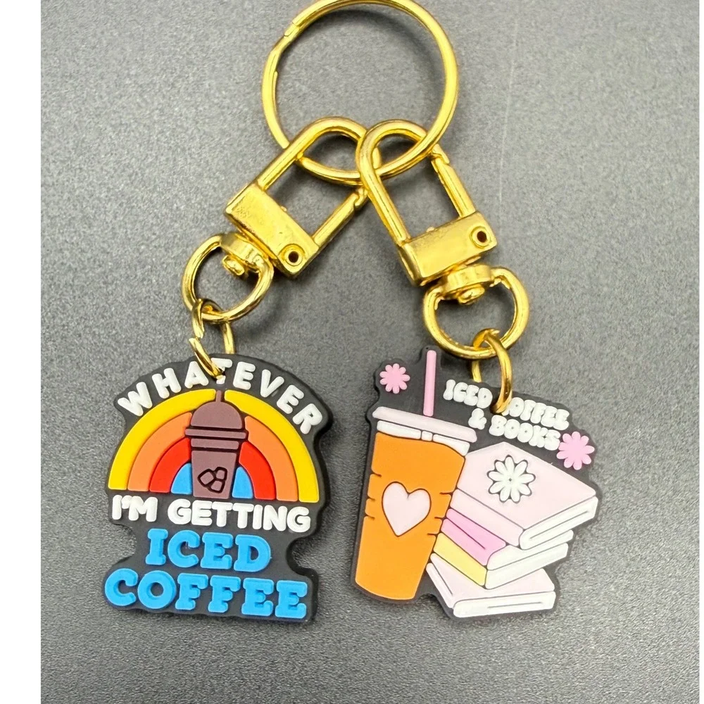 Iced Coffee Books Keychain Set Rainbow Iced Coffee Quote Charm Gold Tone